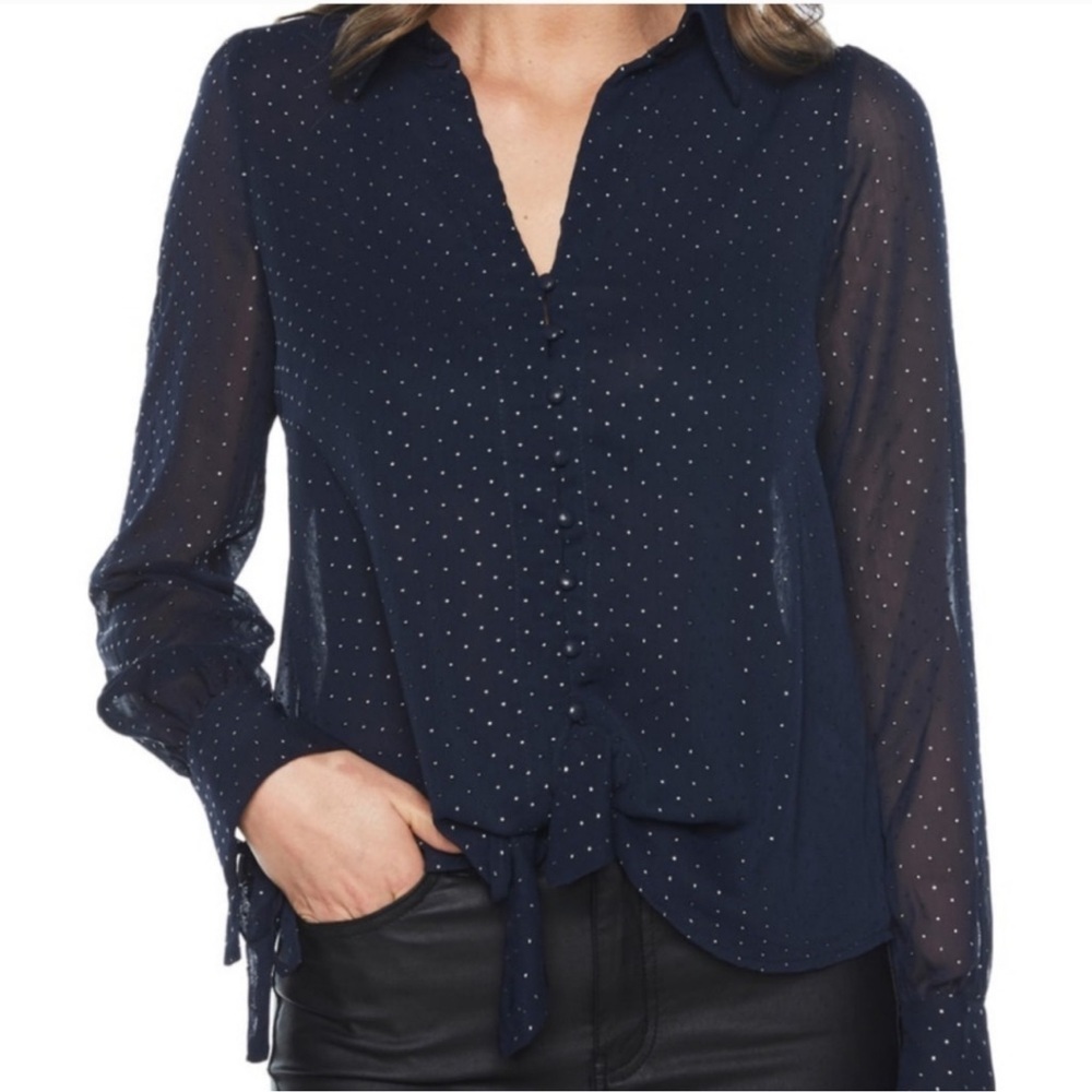Bardot Sheer Tie Front Top Navy Blue with Silver Dots